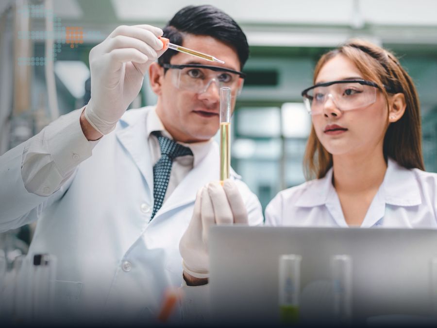 Scientists in a lab examining a test tube